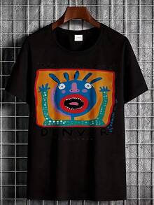 Neuestes Modell2026Ein entspanntes schwarzes T-Shirt mit einer farbenfrohen Monster-Grafik und dem Namen 'Denver'Popularität - Schwarz - Übersicht 1