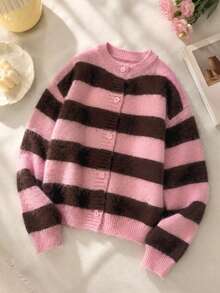 Soft Striped Sweater, Round Neck Fuzzy Knit Cardigan, Loose Versatile Youthful Long Sleeve Jacket, Autumn - Multicolor - View 5