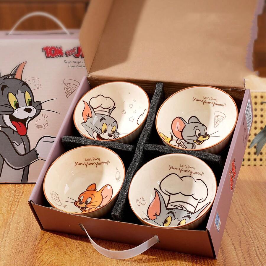 TOM AND JERRY. 1/4件裝乳白色直條紋卡通貓鼠正宗陶瓷碗,柔和可愛印花設計,居家餐具,耐熱易清洗,適用於米飯/湯品/麵條/甜點 - 彩色 - 查看 1
