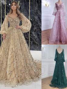 Champagne Beaded Evening Gown For Women V Neck Long Sleeve Tulle Prom Dress With Train Formal Party Ball Gown - 粉色 - 查看 3