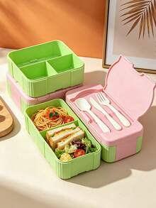 Caja Bento Dividida Estilo Japonés con Bloques de Color, Caja de Almuerzo a Prueba de Fugas y Fácil de Limpiar, Adecuada para Oficinistas, Estudiantes, Comidas Ligeras, Caja de Almuerzo Portátil, Viene con Utensilios - Rosa - Ver 2