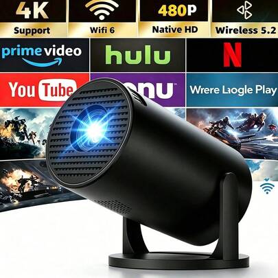 1pc 720*480P HD Smart Projector, Native Resolution, Supports 4K, Mini Portable Projector, 180° Adjustable, Wireless Connection Compatible With Phones & Tablets, Indoor & Outdoor Viewing Without Screen Required