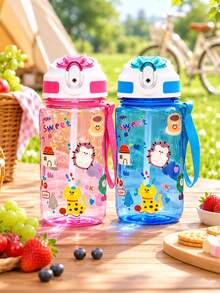 1個約600ml/19oz 3D/UV印花卡通動物圖案兒童吸管水壺，小容量運動水壺附吸管與手把，便攜防漏，輕巧耐用，附攜帶繩，方便攜帶，適合遊戲、露營、戶外運動、旅行、健身、運動、學校、日常使用，生日禮物與節日禮物的絕佳選擇 - 彩色 - 查看 5