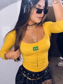 Women's Corset, Cropped Long-Sleeved Square Neckline, Brazil World Cup 2026 Hexa Double Premium Suplex Corset MG - 黃色 - 查看 3