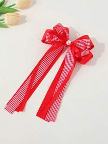 1pc Girls Casual Versatile Preppy Style Blue Plaid Bow Ribbon Half-Up Ponytail Hair Clip Suitable For Campus And Daily Use - Burgundy - View 6