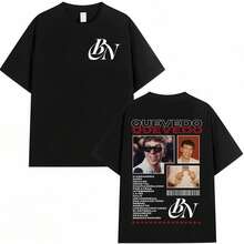 1 Stück süßes, lässiges Oversize-T-Shirt aus reiner Baumwolle für Herren mit Rundhalsausschnitt, Buenas Noches Quevedo Musik-Merchandise, doppelseitig bedrucktes T-Shirt, Sommer-Streetwear-Outfit für Konzerte, Sport, Fitness und Alltag - Schwarz - Übersicht 1