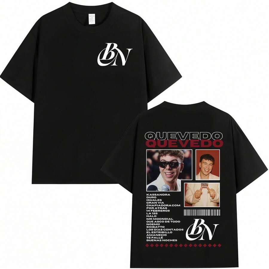 1 Stück süßes, lässiges Oversize-T-Shirt aus reiner Baumwolle für Herren mit Rundhalsausschnitt, Buenas Noches Quevedo Musik-Merchandise, doppelseitig bedrucktes T-Shirt, Sommer-Streetwear-Outfit für Konzerte, Sport, Fitness und Alltag - Schwarz - Übersicht 1