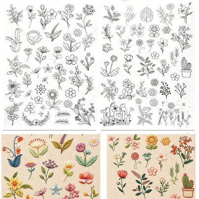 Papel de Bordado Soluble en Agua Pegar y Coser para Bolsa de Mezclilla y Camiseta DIY, Patrones Preimpresos de Corona de Flores & Mariposa, Estabilizador de Bordado para Entusiastas y Principiantes de Costura a Mano