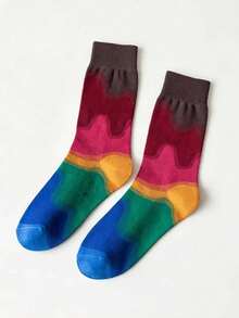 1-3 Pairs Contrast Color Artistic Mid-Calf Socks, Personalized Graffiti / Gradient Design, Versatile Retro Contrast Wave Pattern Mid-Calf Socks, Niche Design Colorful All-Season Socks, Casual Versatile Couple Style - Multicolor - View 14