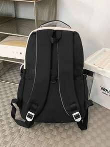 Large Capacity Color Block School Backpack | Beige & Black Bag With Logo & Striped Details | School/Travel/Commute | Bag,Y2k - Multicolor - View 5