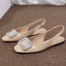 Elegant Apricot Patent Leather Back Strap Flat Shoes, Square Toe Rhinestone Buckle Decor Evening Shoes - Apricot - View 6