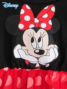 Disney Minnie Mouse Spring/Autumn Casual Dress For Baby Girls, Cute Cartoon Minnie Print Tulle Long Sleeve Dress, Versatile Daily Wear, Soft Skin-Friendly Fabric, Fashionable Playful Lady Style Baby Girl Clothing, Perfect Holiday Gift - Black - View 5