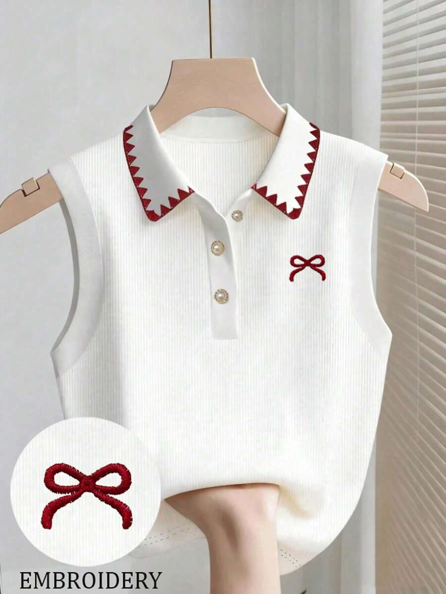 Blusa sin mangas de verano casual para mujer con bordado de lazo y botones a cuarto - Blanco 3 - Ver 1