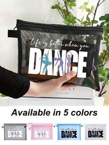 舞蹈主题网眼化妆包，红色气垫便携收纳袋，印有“Dance”字样和跳舞女孩图案，化妆包，护肤包，旅行必备，宿舍用品 - 彩色 - 查看 1