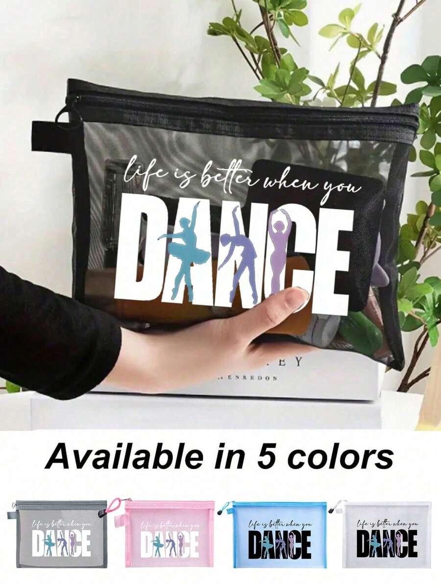 舞蹈主题网眼化妆包，红色气垫便携收纳袋，印有“Dance”字样和跳舞女孩图案，化妆包，护肤包，旅行必备，宿舍用品 - 彩色 - 查看 1