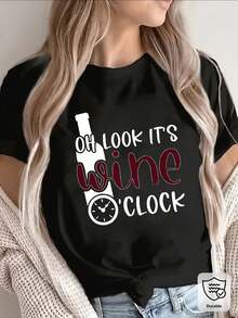 Short-Sleeved Polyester T-Shirt With The Phrase "Oh Look, It's Wine Time" For Everyday Use. - 黑色 - 查看 1