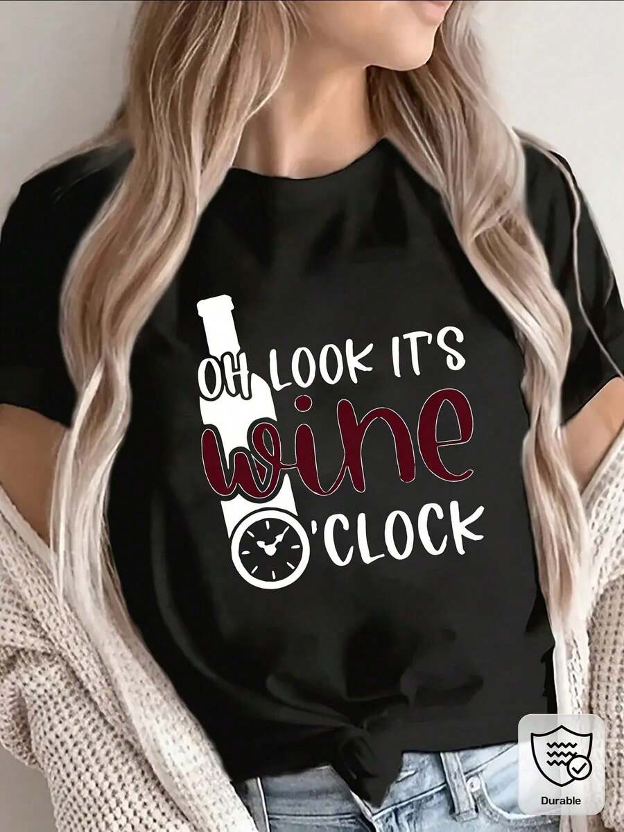 Short-Sleeved Polyester T-Shirt With The Phrase "Oh Look, It's Wine Time" For Everyday Use. - 黑色 - 查看 1