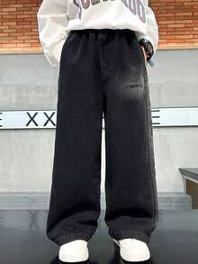 Celana Jeans Denim Motif Logo R Keren untuk Remaja Laki-Laki - Hitam - View 2