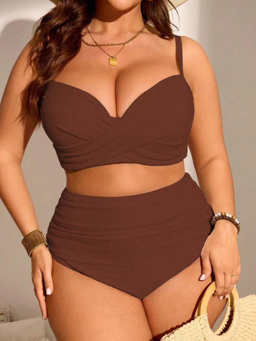 Swim Lushoire One Size Solid Color Ruched Tankini Bikini Set For Summer Beach - Brown - View 1