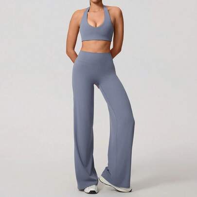 Conjunto de yoga Hearuisavy de verano de 2 piezas para mujer, transpirable, con espalda descubierta, top deportivo con cuello halter, push-up, para pilates y fitness, y pantalones de pierna recta.