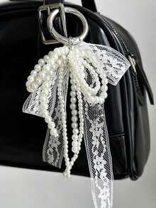 Y2K Cute Minimalist Fashion Beaded Faux Pearl Bow, Bow Ribbon, Multi-Functional DIY Keychain/Bag Charm Set, Suitable For Couples, Women, Girls And Best Friends For Daily Wear. An Ideal Gift For Holidays And Valentine's Day. - White - View 2