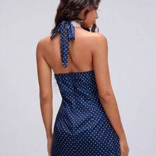 wsb   - Colección de ropa femenina de moda  Vestido estilo evasé de encaje con escote halter de lunares azul marino para uso casual/diario en verano - Azul marino - Ver 3
