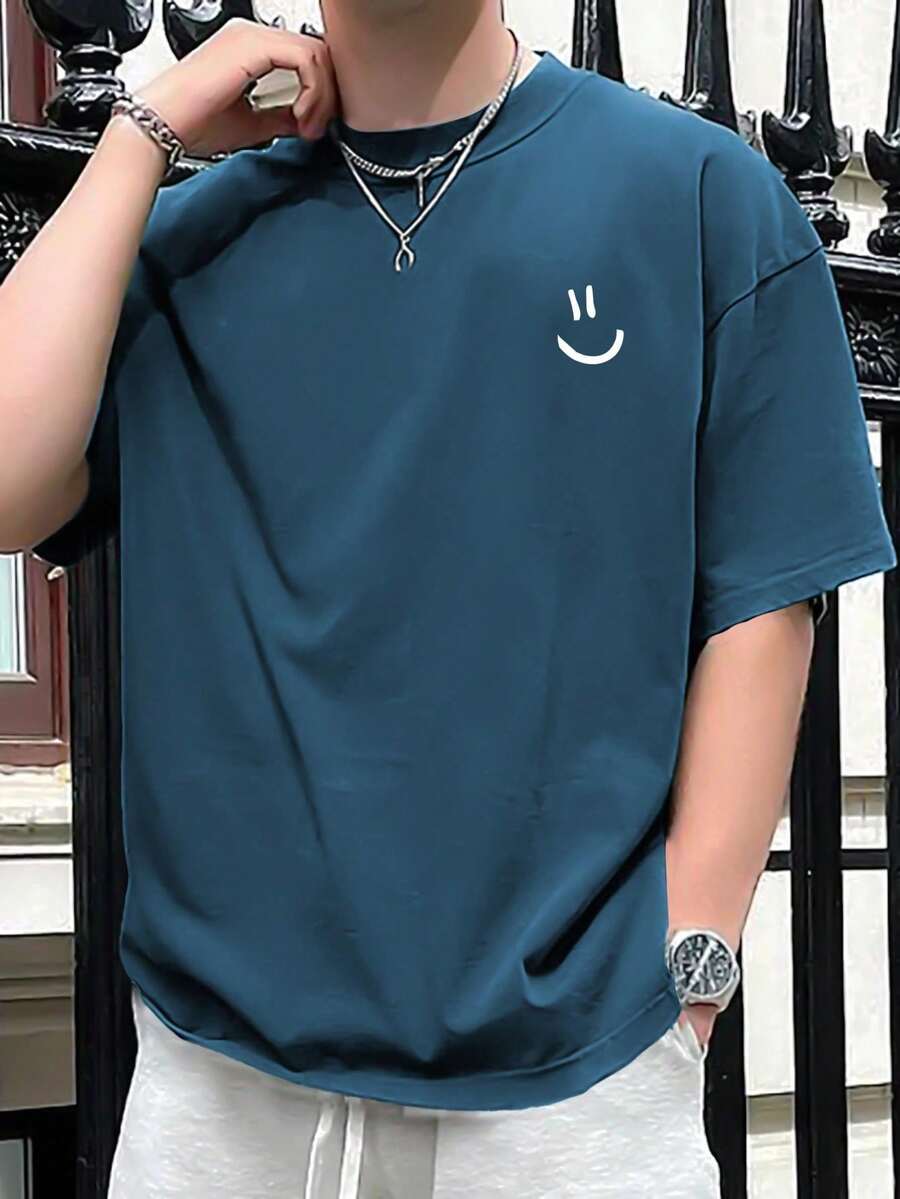 Manfinity Homme Men's Expression Print Drop Shoulder T-Shirt - Navy Blue - View 1