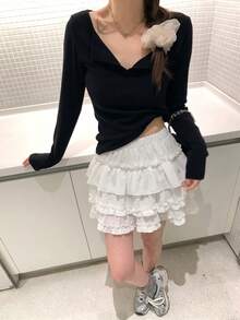 Cream White Frill Trim Skirt, High Waist Slimming Ballerina Tutu Skirt For Summer - White - View 4