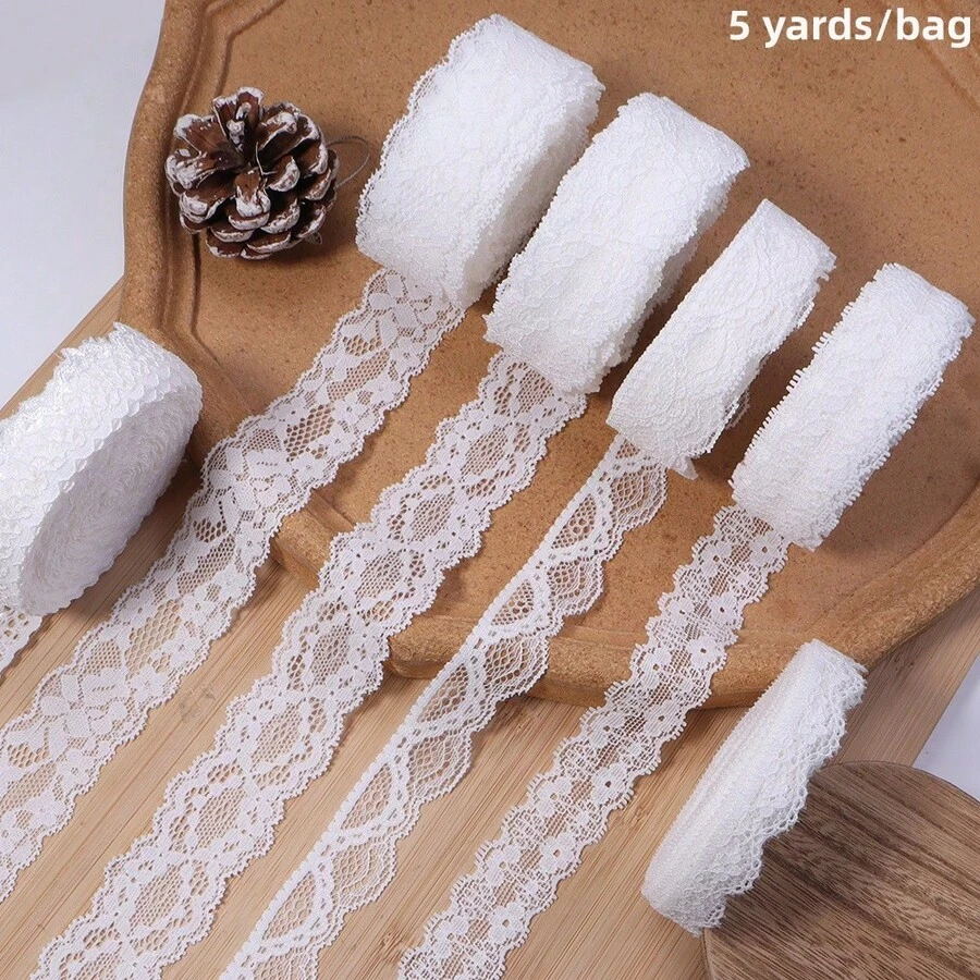 5 Yards/Pack White Elastic Lace Trim, High Stretch Lace Ribbon, Clothing DIY Accessory, Lingerie & Homewear Decoration Material, Bridal Gown/Dress Making, Wedding/Engagement/Proposal Bouquet Gift Box Decor Ribbon