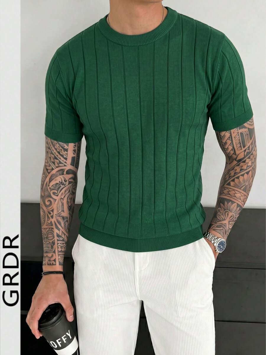 GRDR 男士圆领简约罗纹针织短袖T恤 - 休闲日常穿着 - 綠色 - 查看 1