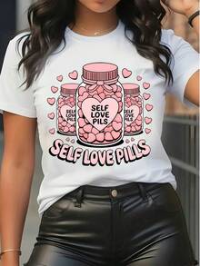 Women's Pure Cotton Short Sleeve T-Shirt Self Love Pills Graphic Print Cute Heart Pattern Casual Summer Top - White - View 1