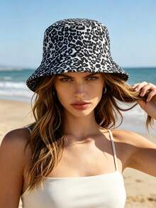 1pc Women's Leopard Print Lightweight Versatile Easy-To-Care-For Face-Slimming Bohemian Outdoor Bucket Hat, Summer New Fashion Minimalist Face-Slimming Animal Print Elegant Street Style Bucket Hat, Comfortable Casual Suitable For Daily Commute, Outings, Gatherings, Shopping, Travel, Vacation And Other Occasions - Multicolor - View 1