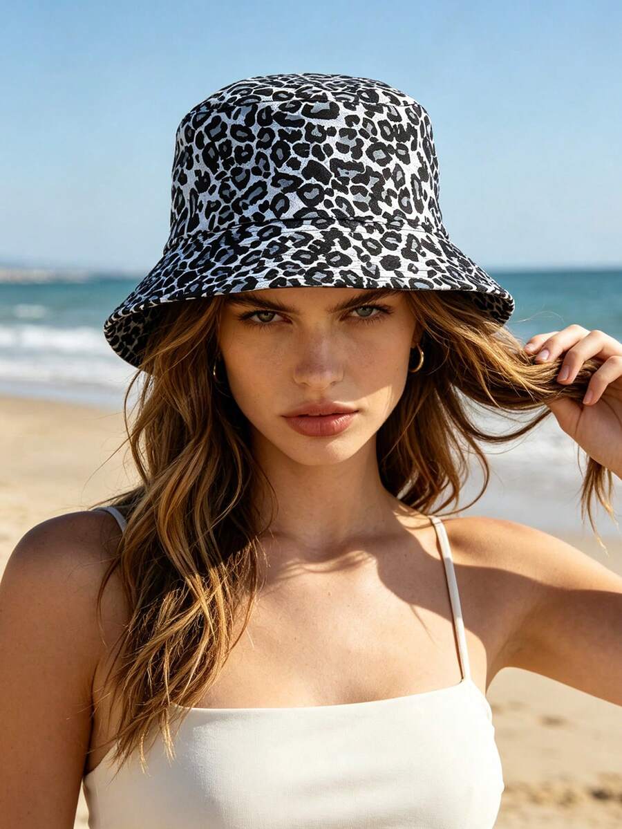 1pc Women's Leopard Print Lightweight Versatile Easy-To-Care-For Face-Slimming Bohemian Outdoor Bucket Hat, Summer New Fashion Minimalist Face-Slimming Animal Print Elegant Street Style Bucket Hat, Comfortable Casual Suitable For Daily Commute, Outings, Gatherings, Shopping, Travel, Vacation And Other Occasions - Multicolor - View 1