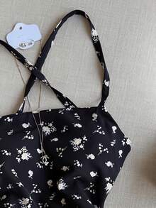 New Women's Floral Print Dress, Strappy Back, Backless, Multi-Layered, Pastel Style, Ideal For Dates, Vacations, Meetings, Parties, Holidays And Daily Wear - 黑色 - 查看 3