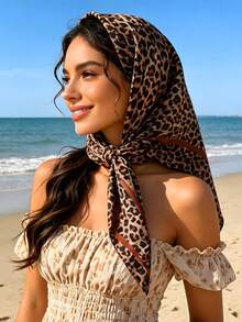 1pc Women's Fashion Leopard Print 90cm Square Scarf, Multifunctional Headscarf, Suitable For All Seasons Outfit Matching - Coffee Brown - View 6