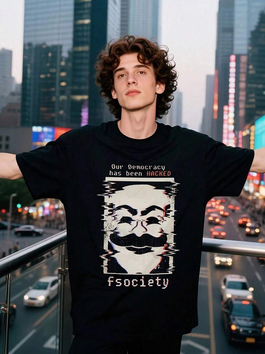 Sr.Camiseta de la serie de televisión Robot - Con un diseño temático de hacker de Fasociety con efecto glitch, estampado democrático, camiseta casual de cuello redondo, ropa de la serie de t - Negro - Ver 1