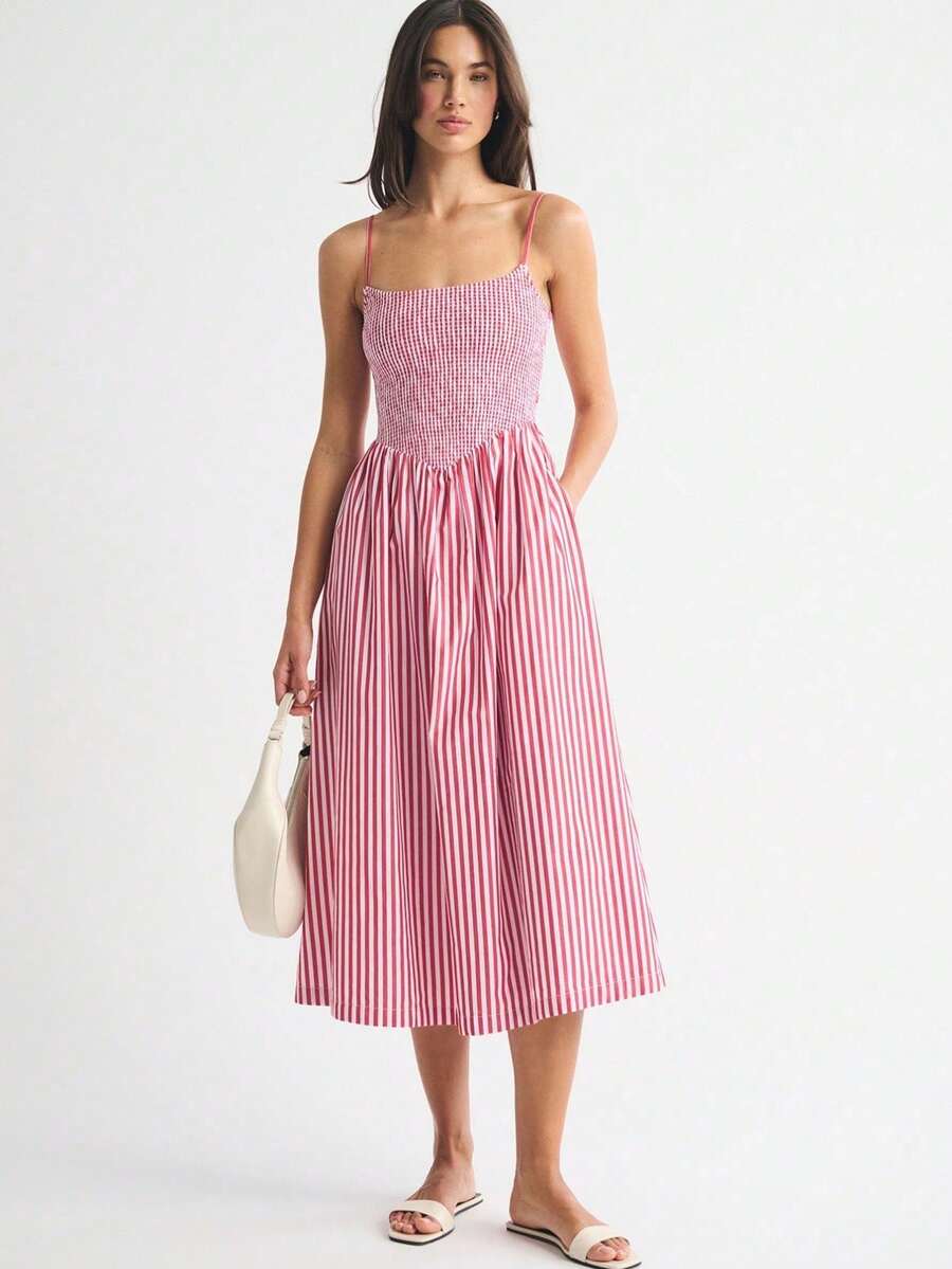 Striped Bandeau Strappy Dress With Open Back And Pockets, A-Line Length - Pink - View 1