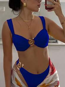 New 2026 Model: New Two-Piece Bikini With Metallic Accessory And Solid Color For Women, Beach Swimsuit With Opening - Dark Green - View 7