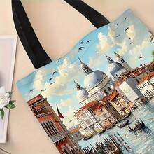 1pc Venetian Water Scene Pattern Tote Bag, Reusable Portable Foldable Shopping Bag With Fixed Shoulder Strap, Suitable For Daily Use - Multicolor - View 6