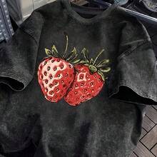 Washed T-Shirt Distressed Washed Tee Ensemble Featuring A Strawberry Design - Black - View 1