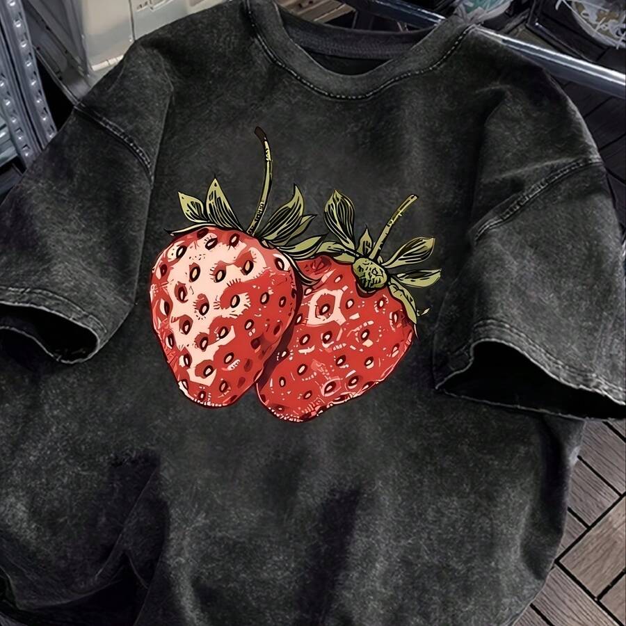 Washed T-Shirt Distressed Washed Tee Ensemble Featuring A Strawberry Design - Black - View 1