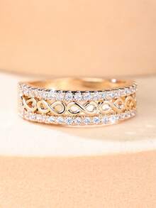 1pc Elegant Fashion Gold Infinity Symbol Zirconia Ring Set, Versatile Affordable Luxury Style, Suitable For Office, Date And Daily Wear - Golden Yellow+White - View 4
