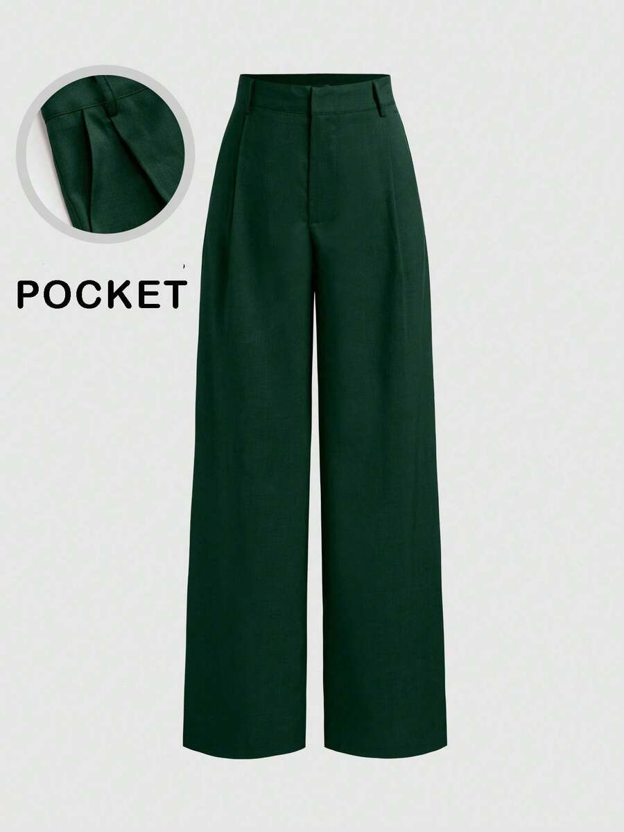 Pantalón tipo mono de diseño minimalista Vela Rue, con cierre de gancho y cremallera, de pierna recta en tejido de poliéster fino, color negro sólido, silueta favorecedora de pierna ancha, d - Verde Oscuro - Ver 1