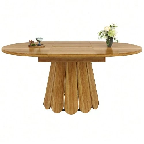 Extendable Dining Table, Kitchen Table, Balcony Table, Wooden Dining Table, Round Table That Extends To Oval, 118-158 Cm, Seats Up To 6, Wood Color - 棕色 - 查看 1