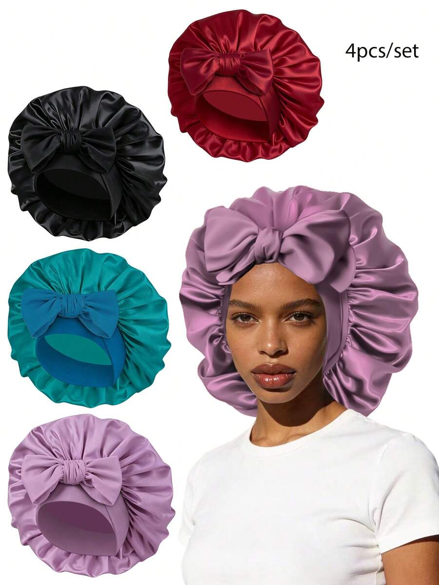 4pcs/Set Women's Solid Color Bow Decor Satin Casual Sleep Cap, Suitable For Daily Life, Soft Elastic Band Satin Sleep Cap, Suitable For Beach, Travel