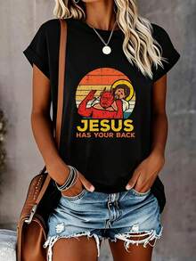 Jesús atrapando al diablo - Camiseta retro minimalista de manga corta para mujer, talla grande, con cuello redondo, diseño novedoso, informal, divertida, con estampado gráfico, 100% poliéste - Negro - Ver 1