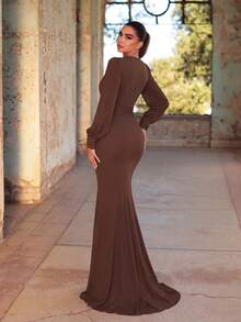 Faeriesty Elegant Chiffon Long Bridesmaid Dress, V-Neck Petal Sleeve Design With Ruffle & Satin Ribbon Wedding - Coffee Brown - View 3