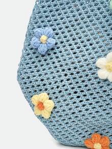 夏季新款海灘度假風休閒時尚女款草編編織托特包，大容量肩背購物手提包 - 藍色 - 查看 9