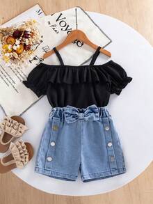2pcs/Set Young Girl Summer Fashionable Spaghetti Strap Ruffle Off-Shoulder Top Paired With Daily Versatile Side Button Bow Shorts, Suitable For Daily, Outdoor, School, Commute, Street - Black - View 1