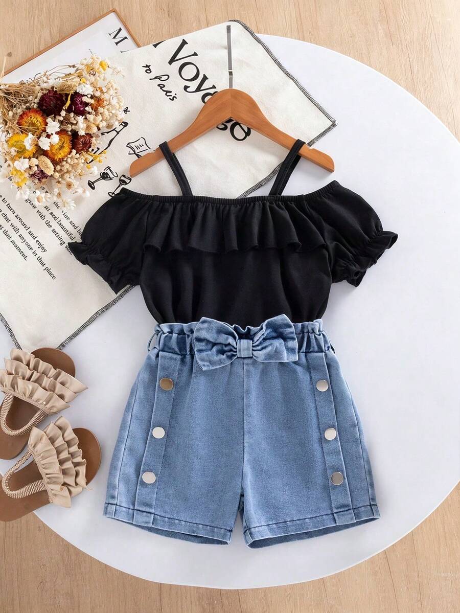 2pcs/Set Young Girl Summer Fashionable Spaghetti Strap Ruffle Off-Shoulder Top Paired With Daily Versatile Side Button Bow Shorts, Suitable For Daily, Outdoor, School, Commute, Street - Black - View 1